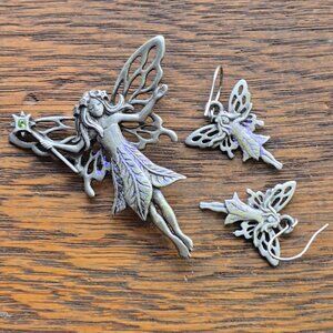 Vintage JJ Jonette pewter fairy brooch & matching earrings (purple sparkle)